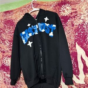 Black Hoodie with Artistic Blue and White Design